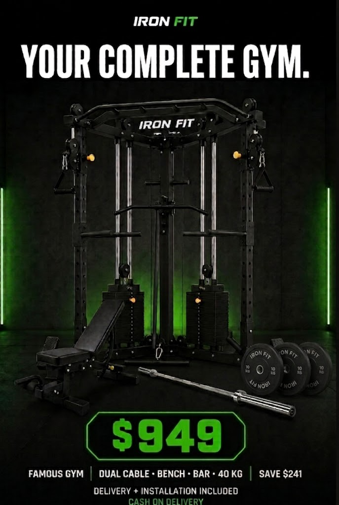 IRON FIT Famous Gym — Dual Cable · Bench · 7 FT Bar · 40 KG Plates