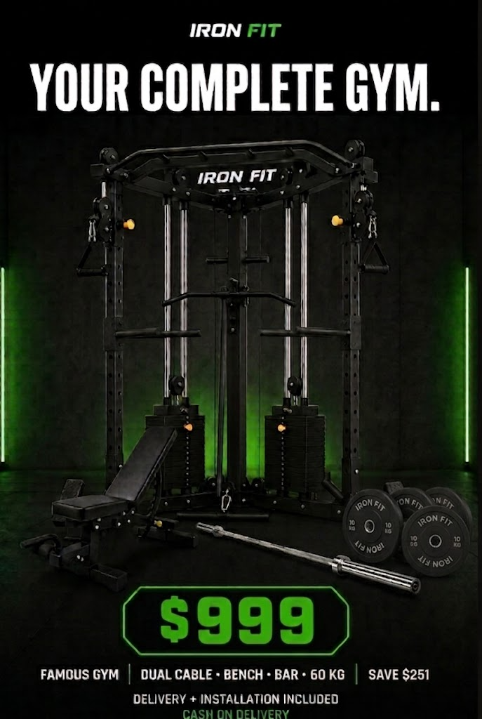 IRON FIT Famous Gym — Dual Cable · Bench · 7 FT Bar · 60 KG Plates