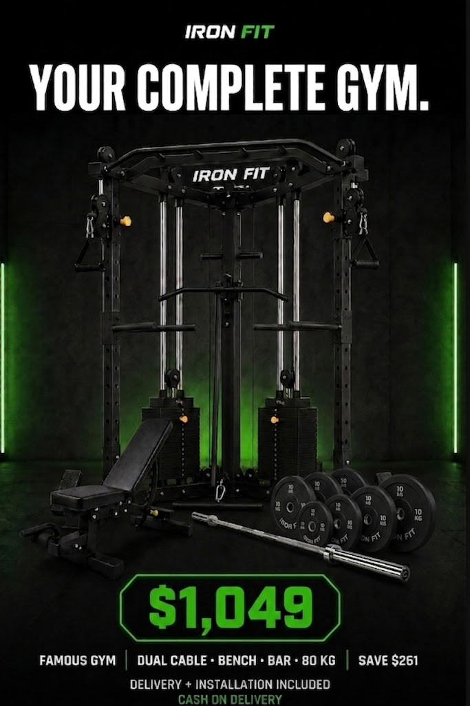 IRON FIT Famous Gym — Dual Cable · Bench · 7 FT Bar · 80 KG Plates