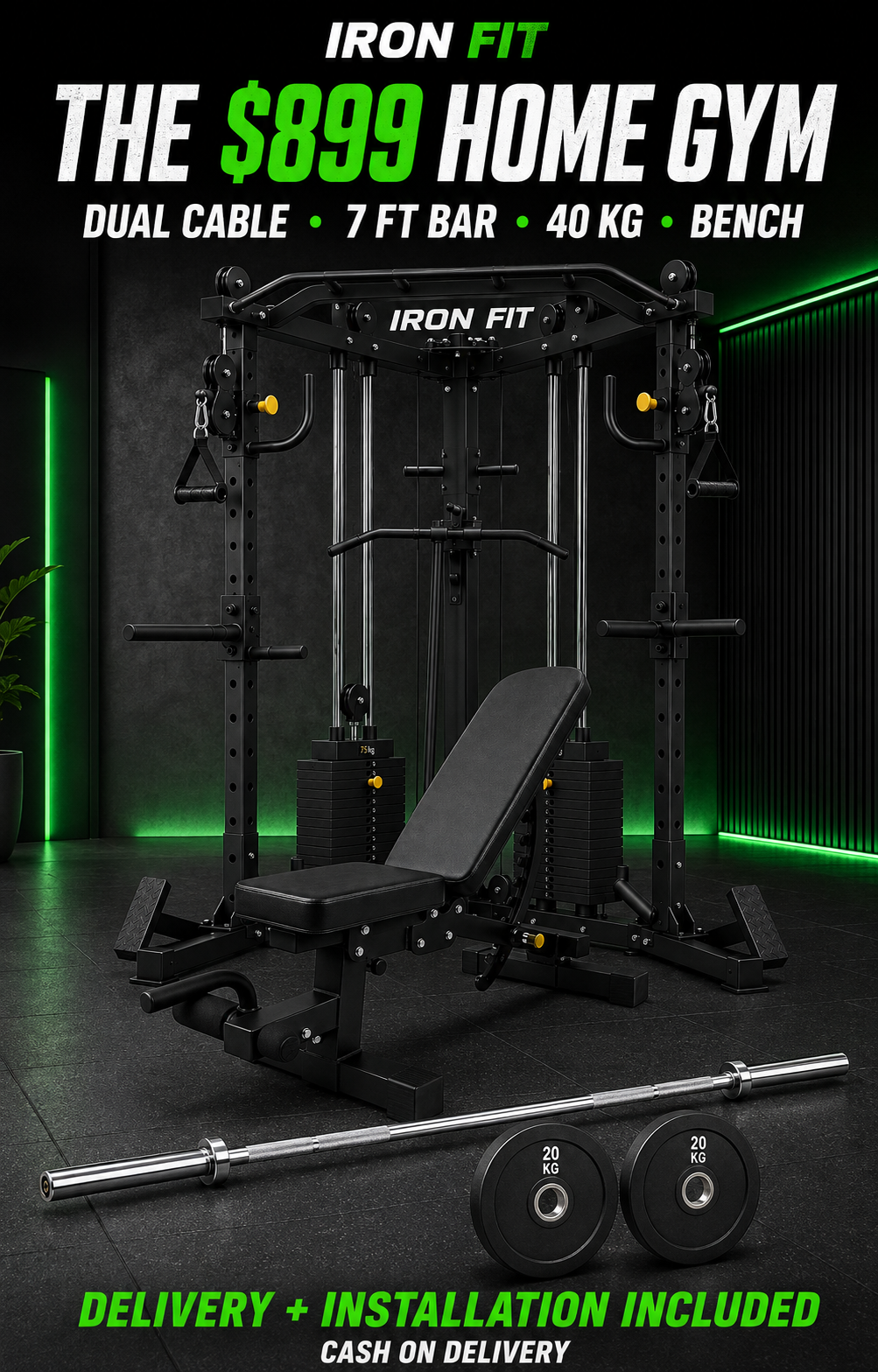 The $899 Home Gym — Dual Cable + 7 ft Bar + 40 KG + Bench