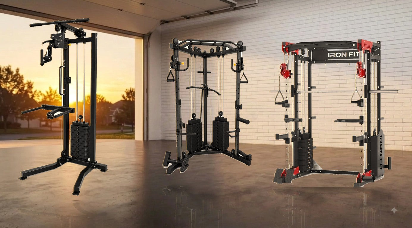 Compact Single-Stack Gym, Dual Cable Crossover and Multifunctional Smith Machine standing in a garage at sunset